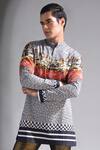 Buy_Mr. Ajay Kumar_Black Cotton Engineered Print Landscape Anant Benares Short Kurta  _Online_at_Aza_Fashions