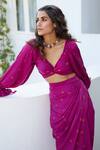 Shop_Aapro_Purple Modal Bandhej V Neck Orchid Draped Skirt Set _Online_at_Aza_Fashions