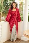 Buy_Aapro_Red Modal Bandhej Collar Rosa Pre-draped Saree Set With Jacket _at_Aza_Fashions