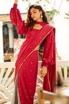 Buy_Aapro_Red Modal Bandhej Collar Rosa Pre-draped Saree Set With Jacket _Online_at_Aza_Fashions