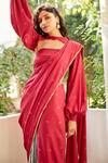 Shop_Aapro_Red Modal Bandhej Collar Rosa Pre-draped Saree Set With Jacket _Online_at_Aza_Fashions