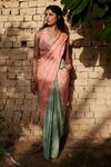 Aapro_Peach Modal Bandhej Print V Neck Prague Pre-draped Saree With Blouse _Online_at_Aza_Fashions