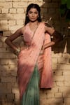 Buy_Aapro_Peach Modal Bandhej Print V Neck Prague Pre-draped Saree With Blouse _Online_at_Aza_Fashions