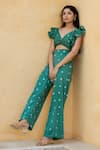 Shop_Aapro_Green Modal Bandhej V Neck Los Angeles Crop Top And Pant Set _at_Aza_Fashions