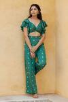 Shop_Aapro_Green Modal Bandhej V Neck Los Angeles Crop Top And Pant Set _Online_at_Aza_Fashions