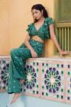 Aapro_Green Modal Bandhej V Neck Los Angeles Crop Top And Pant Set _at_Aza_Fashions