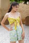 Shop_Aapro_Yellow Modal Block Print And Bandhej Sweetheart Neck Orlando Shirt & Shorts Set _Online_at_Aza_Fashions