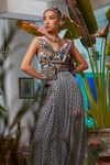 Shop_DiyaRajvvir_Grey Modal Printed Tile V Neck Draped Pant Saree _at_Aza_Fashions