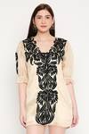 Shop_Neha Gursahani_Beige Organza V Neck Embroidered Puff Sleeves Dress _Online_at_Aza_Fashions