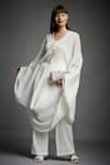 Buy_Neha Gursahani_White Crinkled Cotton Embroidered V Neck Draped Top And Pant Set _at_Aza_Fashions