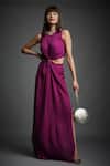 Buy_Neha Gursahani_Purple Crinkled Cotton Beads Round Neck Cutout Embroidered Dress _at_Aza_Fashions