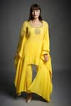 Buy_Neha Gursahani_Yellow Crinkled Cotton Beads Round Neck Hand Embroidered Kaftan Tunic And Pant Set _at_Aza_Fashions