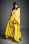 Buy_Neha Gursahani_Yellow Crinkled Cotton Beads Round Neck Hand Embroidered Kaftan Tunic And Pant Set _Online_at_Aza_Fashions