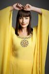 Neha Gursahani_Yellow Crinkled Cotton Beads Round Neck Hand Embroidered Kaftan Tunic And Pant Set _at_Aza_Fashions