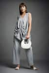 Buy_Neha Gursahani_Grey Crinkled Cotton Plain V Neck Draped Tunic And Pant Set _at_Aza_Fashions