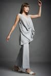 Neha Gursahani_Grey Crinkled Cotton Plain V Neck Draped Tunic And Pant Set _Online_at_Aza_Fashions