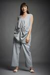 Buy_Neha Gursahani_Grey Crinkled Cotton Plain V Neck Draped Tunic And Pant Set _Online_at_Aza_Fashions