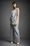 Shop_Neha Gursahani_Grey Crinkled Cotton Plain V Neck Draped Tunic And Pant Set _Online_at_Aza_Fashions