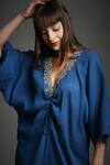Shop_Neha Gursahani_Blue Crinkled Cotton Beads V Neck Hand Embroidered Kaftan _Online_at_Aza_Fashions