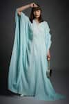 Buy_Neha Gursahani_Blue Crinkled Cotton Wooden Beads V Neck Layered Sleeve Draped Kaftan _at_Aza_Fashions