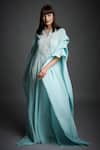 Buy_Neha Gursahani_Blue Crinkled Cotton Wooden Beads V Neck Layered Sleeve Draped Kaftan _Online_at_Aza_Fashions