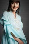 Neha Gursahani_Blue Crinkled Cotton Wooden Beads V Neck Layered Sleeve Draped Kaftan _at_Aza_Fashions