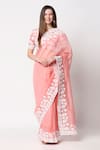 Buy_Neha Gursahani_Pink Chanderi Embroidery V Neck Saree With Blouse _at_Aza_Fashions