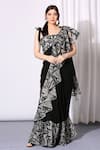 Buy_Neha Gursahani_Black Organza Embroidery Square Neck Ruffle Saree With Blouse _at_Aza_Fashions