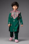 Buy_Neha Gursahani_Green Satin, Linen Embroidery Kurta Set _at_Aza_Fashions