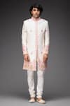 Buy_Neha Gursahani_White Raw Silk And Stretch Satin Thread & Mirror Sherwani Set _at_Aza_Fashions