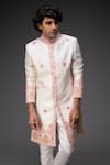 Shop_Neha Gursahani_White Raw Silk And Stretch Satin Thread & Mirror Sherwani Set _at_Aza_Fashions