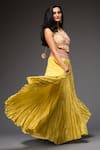 Shop_Neha Gursahani_Yellow Chanderi Floral Halter Embroidered Blouse And Crinkled Lehenga Set _at_Aza_Fashions