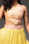 Buy_Neha Gursahani_Yellow Chanderi Floral Halter Embroidered Blouse And Crinkled Lehenga Set _Online_at_Aza_Fashions