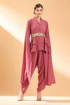Buy_Aakaar_Pink Moss Crepe Collared Neck Layered Jacket And Pant Set _at_Aza_Fashions