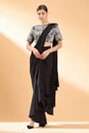Buy_Aakaar_Black Moss Crepe Sequin And Beads Boat Pre-draped Saree With Blouse _at_Aza_Fashions