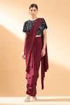 Buy Aakaar Maroon Moss Crepe Sequin Round Pre-draped Saree With Blouse at Aza Fashions Buy_Aakaar_Maroon Moss Crepe Sequin Round Pre-draped Saree With Blouse _at_Aza_Fashions