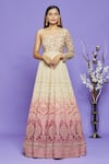 Shop_Neha Mehta Couture_Pink Lucknowi Embroidery Sequin One Shoulder Ombre Gown _Online_at_Aza_Fashions