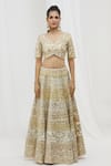 Vandana Sethi_Beige Silk Mirrors, Sequins V-neck Floral Mirrorwork Panelled Bridal Lehenga Set _Online_at_Aza_Fashions