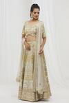 Buy_Vandana Sethi_Beige Silk Mirrors, Sequins V-neck Floral Mirrorwork Panelled Bridal Lehenga Set _Online_at_Aza_Fashions