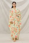 Buy_Gopi Vaid_Yellow Viscose Printed Floral Motifs V Neck Kaftan _at_Aza_Fashions