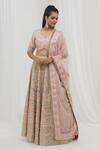 Shop_Vandana Sethi_Pink Denim, Silk, Chiffon Mirrors, Gota Floral Embellished Bridal Lehenga Set _Online_at_Aza_Fashions