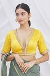 Buy_Arihant Rai Sinha_Yellow Banarasi Brocade V Neck Saree Blouse _at_Aza_Fashions