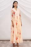 Samyukta Singhania_Peach Chiffon Floral Hand Painted Dress_Online_at_Aza_Fashions