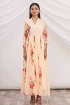 Shop_Samyukta Singhania_Peach Chiffon Floral Hand Painted Dress_Online_at_Aza_Fashions