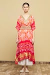 Buy_Tisha Saksena_Red Kurta Bandhani Pant Cotton Satin Belt Raw V Kaftan Tunic Set_Online_at_Aza_Fashions