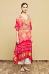 Tisha Saksena_Red Kurta Bandhani Pant Cotton Satin Belt Raw V Kaftan Tunic Set_Online_at_Aza_Fashions