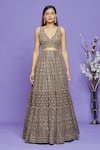 Neha Mehta Couture_Grey Lucknowi Embroidery Sequin V Neck Lehenga Set _Online_at_Aza_Fashions