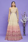 Neha Mehta Couture_Pink Lucknowi Embroidery Sequin One Shoulder Ombre Gown _Online_at_Aza_Fashions