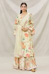 Buy_Gopi Vaid_Yellow Net, Viscose Floral Motifs Round Print Kurta Sharara Set _Online_at_Aza_Fashions