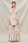 Gopi Vaid_Ivory Viscose, Soft Chiffon Floral Motifs, Print Short Anarkali Sharara Set _Online_at_Aza_Fashions